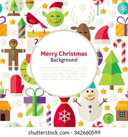 Merry Christmas Background. Flat Style Vector Illustration for Happy New Year Promotion Template. Colorful Objects for Advertising. Corporate Identity with Text.