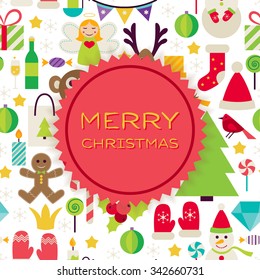 Merry Christmas Background. Flat Style Vector Illustration for Happy New Year Promotion Template. Colorful Winter Holiday Objects for Advertising.