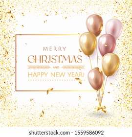 Merry Christmas background with floating party balloons. Elegant greeting card with realistic glossy flying balloons and sparkling confetti. Decoration template for banner, poster, invitation. Vector