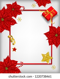 Merry Christmas background with frame with space for text, poinsettia, gift and decoration.