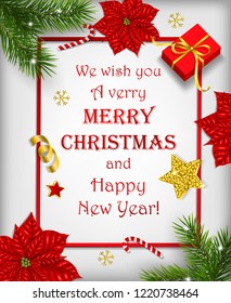 Merry Christmas background with frame with text, fir branches, gifts and poinsettia.