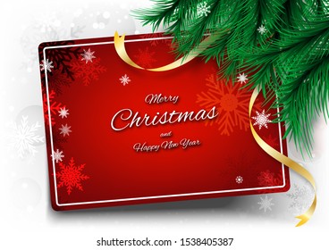 Merry Christmas background with frame text and ribbon elements. Background decoration with festive celebration for holidays.