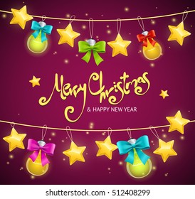 Merry Christmas Background with Garland and Text. Vector illustration of new year holiday, gold bokeh glitter, light, stars and bow. Rows Of Lamps
