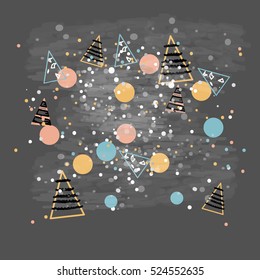 Merry Christmas background. Geometrical elements. Triangular trees with colorful dots. Modern stylish texture. Geometrical elements. Hand-drawn triangular trees with colorful dots and circles. Vector