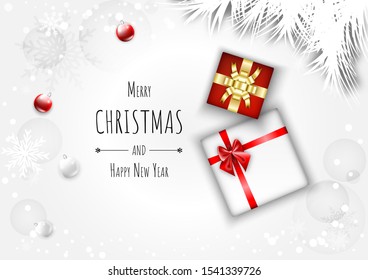 Merry christmas background with gift box and ball. Chic greeting card with Snowflakes fall on white background.