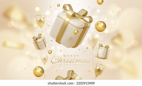 Merry christmas background with gift box decoration and gold ball and balloons with bokeh elements and glow effects. Vector illustration.