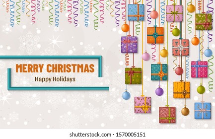 Merry Christmas background with gift boxes, ribbon, bows and Christmas balls. Vector illustration