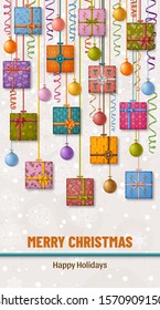 Merry Christmas background with gift boxes, ribbon, bows and Christmas balls. Vector illustration