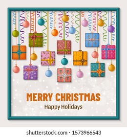 Merry Christmas background with gift boxes, ribbon, bows and Christmas balls. Vector illustration