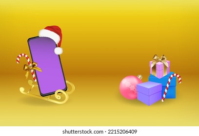 Feliz Navidad de fondo con cajas de regalo, teléfono móvil o burla de smartphone con sombrero de Papá Noel, bastón de caramelo en trineo dorado. Ilustración del vector editable