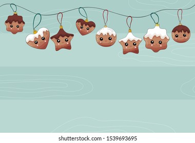 Merry Christmas background  Gingerbread christmas balls light blue backdrop  Hand drawn cute kawaii cookie  star  heart shape snow balls  Traditional Christmas   New year decoration elements 