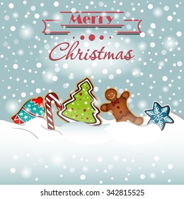 Merry christmas background. Gingerbread, candy, cones, Christmas tree, snow. Vector illustration