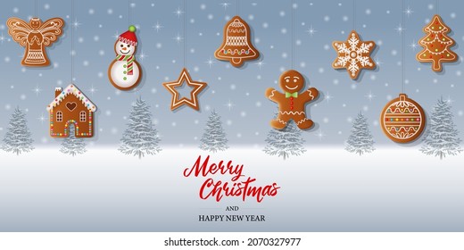 merry christmas background with gingerbread cookies on snowy landscape background