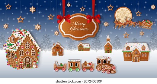 merry christmas background with gingerbread cookies on snowy landscape