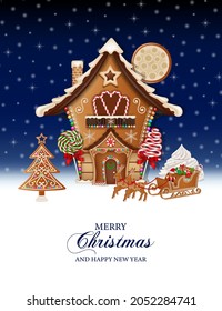 merry christmas background with gingerbread house and sleigh