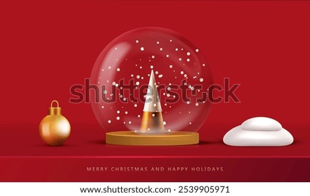 Merry Christmas background with glass globe ball on golden podium with gold tree and glitter snow inside. Holiday red card with snowball, snow and ball. Vector x-mas design.
