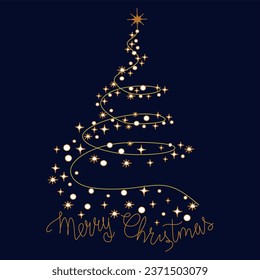 Merry Christmas background with glitters tree desing. New Year's card one line. Vector.