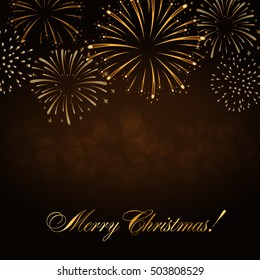 Merry Christmas background. Gold abstract firework for card, greeting, Xmas celebrate banner, Light, glow, sparkle, glitter. Happy New Year celebration design. Golden decoration Vector illustration