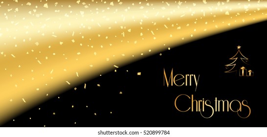 Merry Christmas background. Gold abstract tree, confetti for card, greeting, Xmas celebrate banner, Light sparkle, glitter. Happy New Year celebration design. Golden decoration Vector illustration