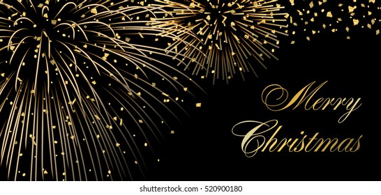 Merry Christmas background. Gold abstract firework for card, greeting, Xmas celebrate banner, Light confetti, glitter. Happy New Year celebration design. Golden decoration. Vector illustration