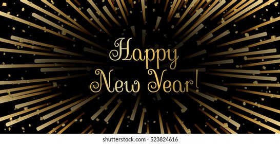 Merry Christmas background. Gold abstract firework for card, greeting, Xmas celebrate banner, Light, glow, sparkle, glitter. Happy New Year celebration design. Golden decoration Vector illustration