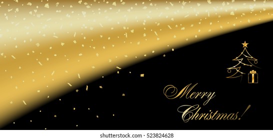 Merry Christmas background. Gold abstract tree, confetti for card, greeting, Xmas celebrate banner, Light sparkle, glitter. Happy New Year celebration design. Golden decoration Vector illustration