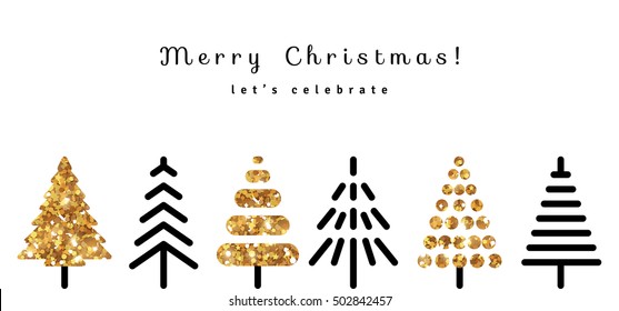 Merry Christmas Background with Gold and Black Fir Trees in Modern Style. Vector Illustration. Glitter Sequins Texture. Season Greetings