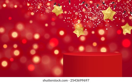 Fundo Feliz Natal com estrela dourada brilhante e confete em pódios vermelhos. Natal mock up cartão vermelho com bokeh e lâmpadas de iluminação. Vetor x-mas design com lugar para exposição venda design de produto.