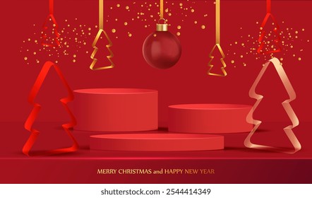 Merry Christmas background with gold glitter trees, glass ball and confetti on red podiums. Holiday mock up red card. Vector x-mas design with place for display sale product vector design.