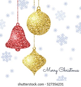 Merry Christmas background with gold and red hanging baubles and blue snowflakes. Shining glitter textured ball, bell and pine cone on a white background. Vector template for greeting card.