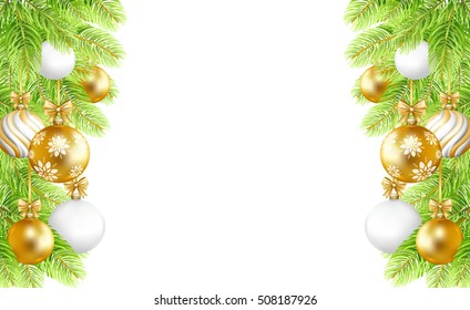 Merry Christmas  background with gold, white balls, and fir-tree isolated on white background. Vector illustration.