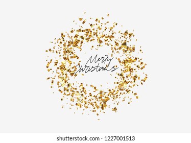 Merry Christmas background with golden confetti, calligraphic lettering text. Xmas vector