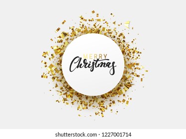 Merry Christmas background with golden confetti, calligraphic lettering text. Xmas vector