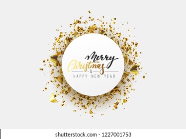 Merry Christmas background with golden confetti, calligraphic lettering text. Xmas vector