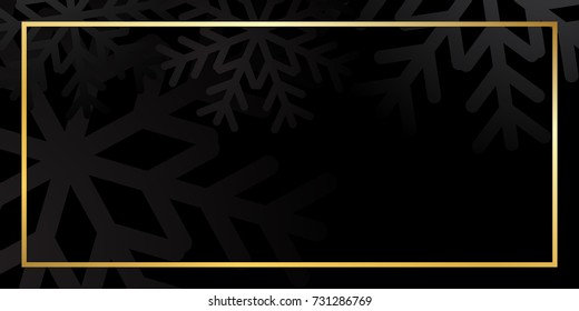 Merry Christmas background with golden frame. Black and gold Christmas background. Card shiny design for holiday celebration, winter Xmas decorative Vector illustration