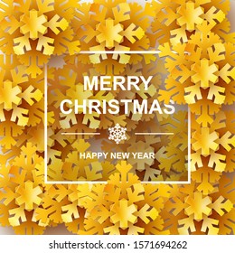 Merry Christmas background with golden paper cut snowflakes
