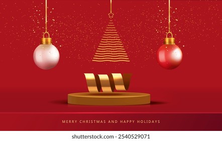 Fondo de Navidades alegres con la cinta dorada en el podio del oro con el árbol del oro y las bolas ligeras. Tarjeta roja de Festiva. Vector x-mas diseño.