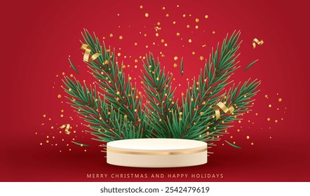 Fondo de Navidades alegres con ramas verdes y podio blanco. Decoración de confeti de celebración para presentación de productos de venta. Tarjeta roja de Festiva. Vector x-mas diseño.