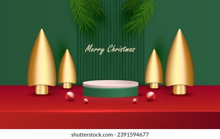 Merry Christmas background with green podium, 3d gold trees, evergreen branch and wood wall. Holiday xmas card display and presentation sale product vector.