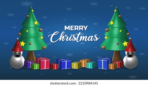  merry christmas background. Green Christmas tree with ornate decoration, snowman, gift box and snowfall, realistic 3d vector decorative