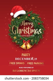 Merry Christmas background. Christmas green wreath with golden bell . party invitation Vector illustration design