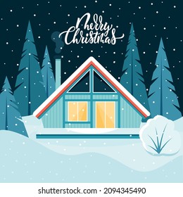 Merry Christmas background, greeting card. Winter Cabin with landscape. Cute vector illustration in flat style. Cozy A-frame house in night forest with fir-trees. Happy new year banner. Winter time