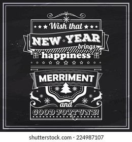 Merry Christmas background for greeting cards. Words with typography with chalk word art on chalkboard. Vector illustration