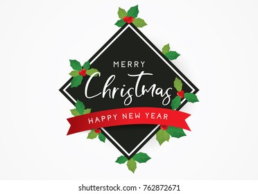 Merry Christmas background or greeting poster template with leaves, Merry Christmas and Happy New Year vector illustration