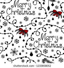 Merry Christmas background with hand drawn text, swirls and snowflakes. Hand drawn doodle style. Red and black colors. Isolated on white background. Perfect for wrapping paper, wallpaper, fabric print