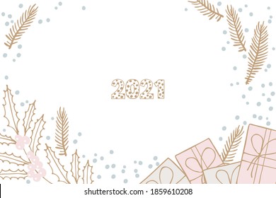 Merry Christmas Background. Hand Drawn gift boxes, tree branches, 2021 lettering. Design for banner, flyer, card, poster. Winter holiday design. Perfect for holiday greetings.