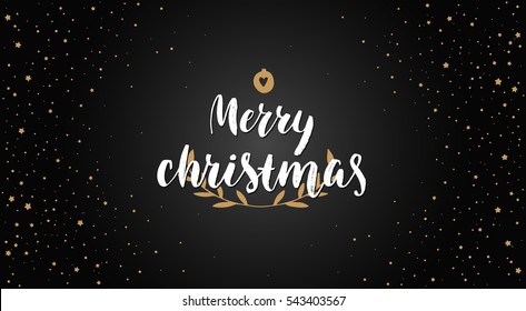 Merry christmas background with hand drawn text and shine elements. Vector banner with letters, Black and gold