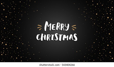 Merry christmas background with hand drawn text and shine elements. Vector banner with letters, Black and gold