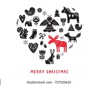 Merry Christmas background with hand drawn Scandinavian, Nordic style illustrations