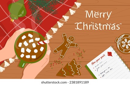 Merry christmas background. Hands woth cup with tea. Top view at table with beverage. Winter holiday and festival, New Year. Greeting and invitation postcard. Cartoon flat vector illustration